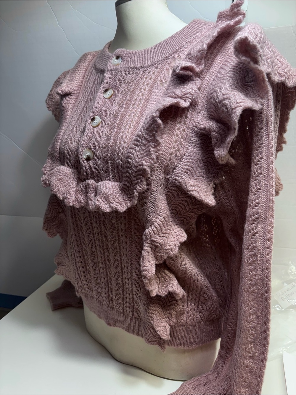 Dusty Pink Ruffle Open Knit Cardigan Sweater – Tagged S/M (Fits M/L)